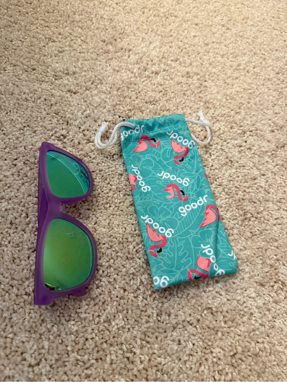 Goodr Purple Sunglasses with Teal Flamingo Pouch